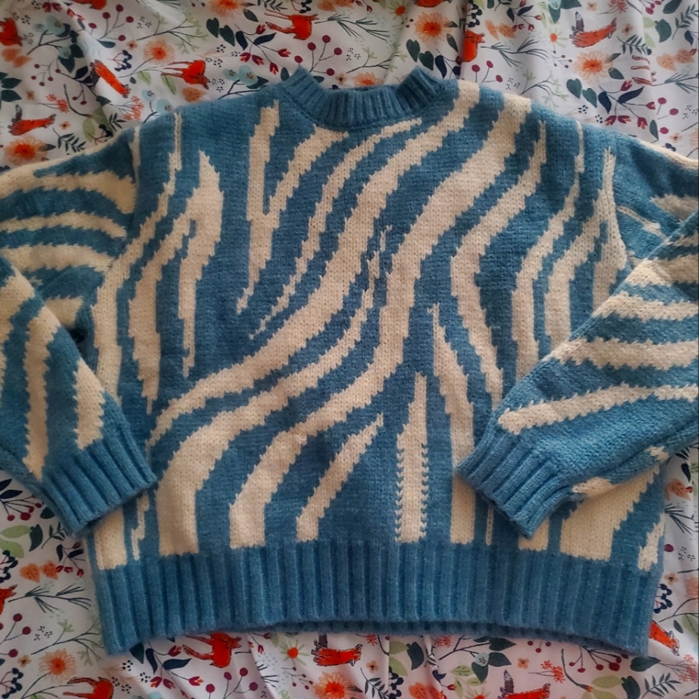Blue and White Zebra print chunky cropped knit sweater
